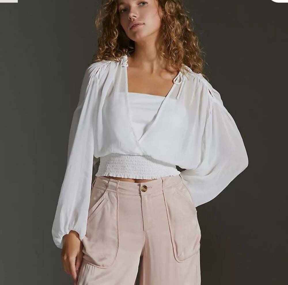 Anthropologie Sheer Peasant Top with Smocked Waist and Balloon Sleeves